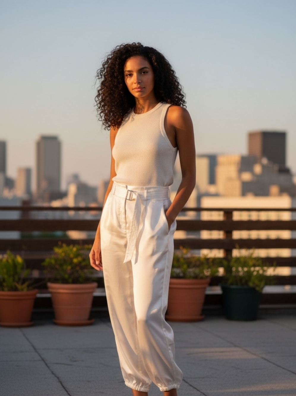 Anthropologie Cream High-Waist Belted Straight-Leg Jumpsuit Pants